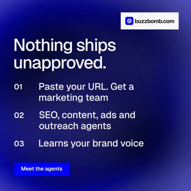 Instagram post for BuzzBomb: "Nothing ships unapproved." Swiss style, numbered layout, dark palette in blue, grey.