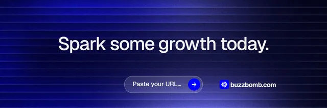 X header for BuzzBomb: "Spark some growth today." Agentic glass style, centred layout, dark palette in black, blue.