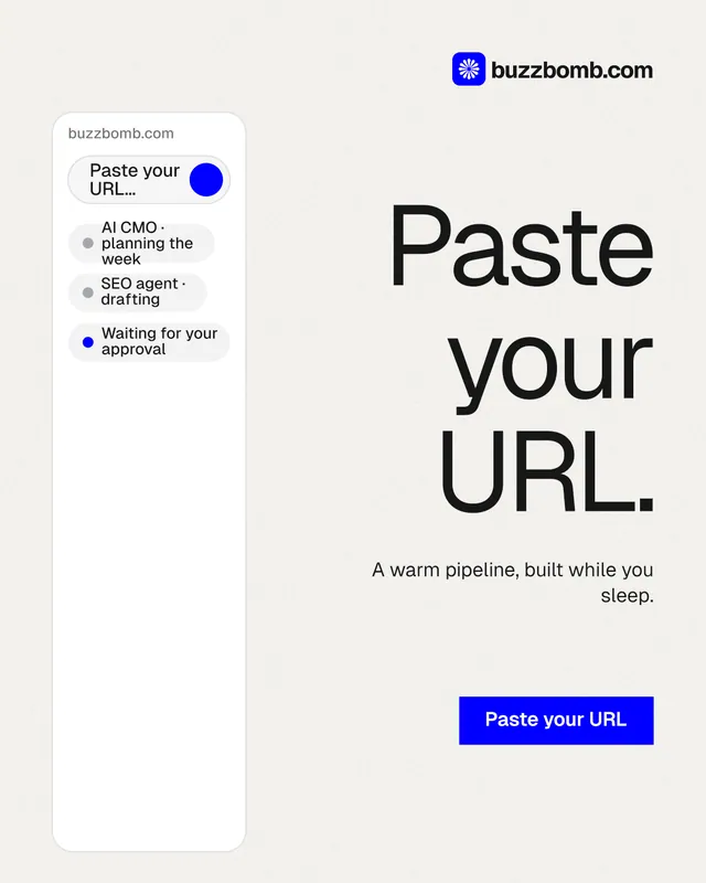 Instagram portrait post for BuzzBomb: "Paste your URL." Swiss style, right layout, light palette in white.