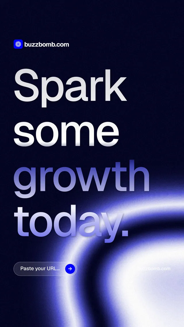 Instagram story for BuzzBomb: "Spark some growth today." Agentic glass style, poster layout, dark palette in black, blue.
