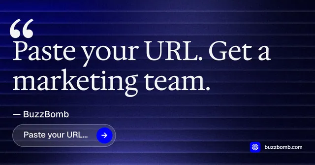 Social ad for BuzzBomb: "Get a marketing team." Agentic glass style, quote layout, dark palette in black, blue, grey.