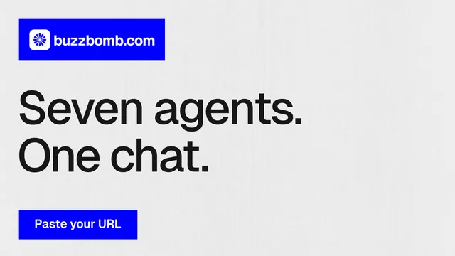 Landscape graphic for BuzzBomb: "Seven agents. One chat." Swiss style, announce layout, light palette in white, blue.