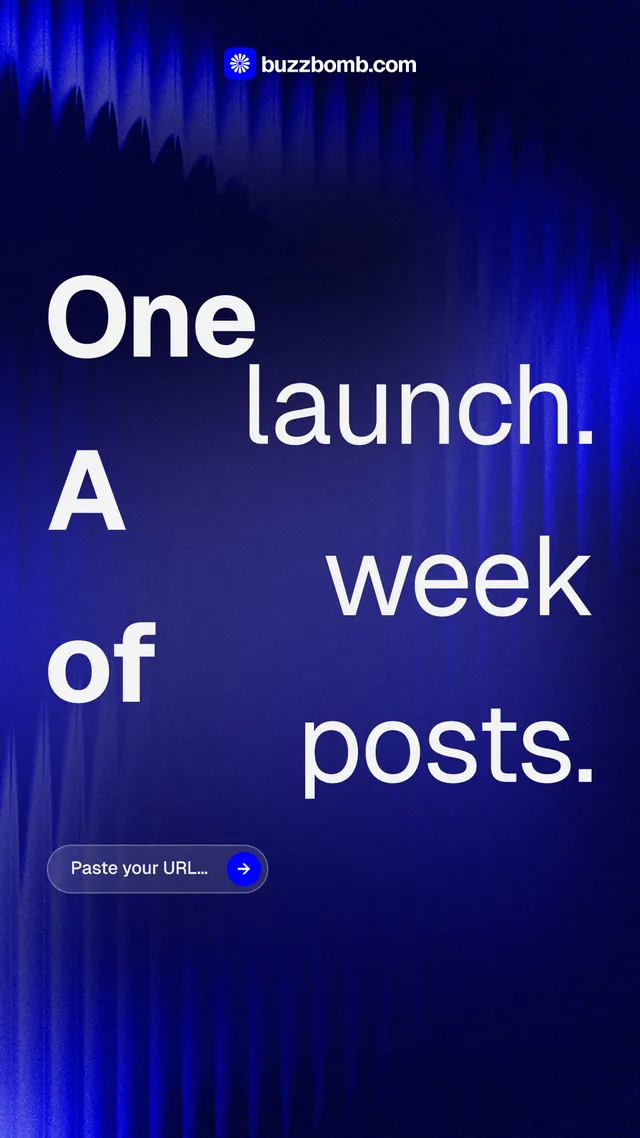 Instagram story for BuzzBomb: "One launch. A week of posts." Agentic glass style, stacked layout, dark palette in blue.