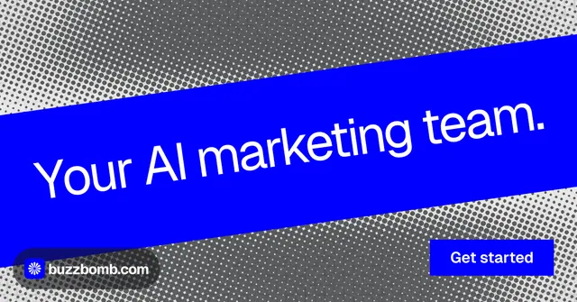 Social ad for BuzzBomb: "Your AI marketing team." Swiss style, diagonal layout, dark palette in blue, grey.