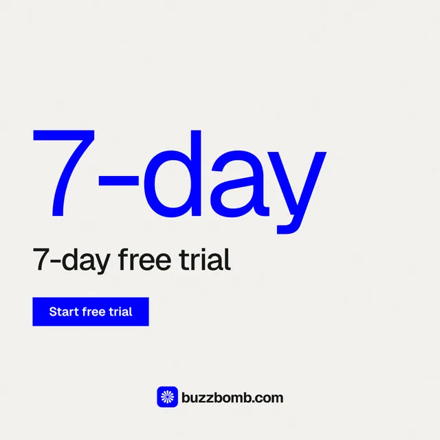 Instagram post for BuzzBomb: "Distribution, solved." Swiss style, stat layout, light palette in white, blue.