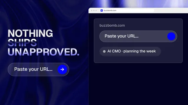 Landscape graphic for BuzzBomb: "Nothing ships unapproved." Agentic glass style, browser layout, dark palette in black, blue.