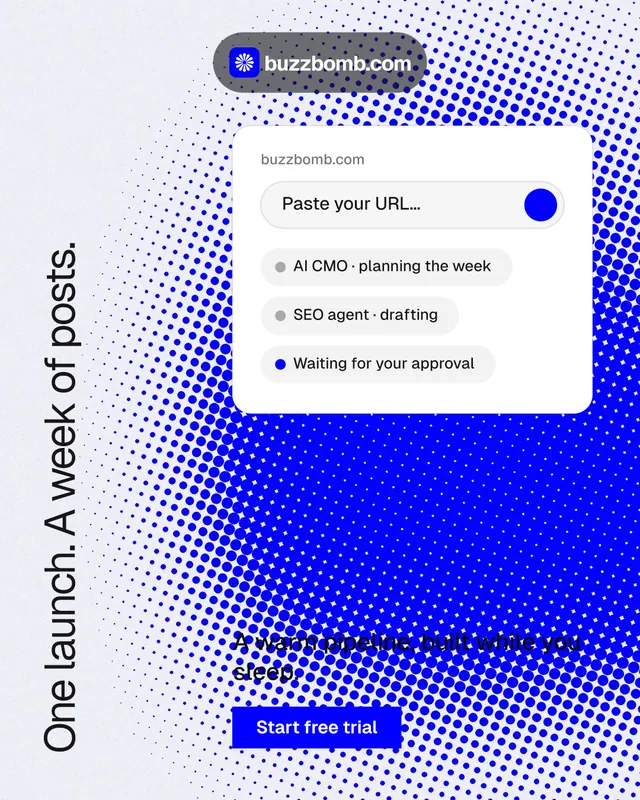 Instagram portrait post for BuzzBomb: "One launch. A week of posts." Swiss style, vertical layout, light palette in blue, white.