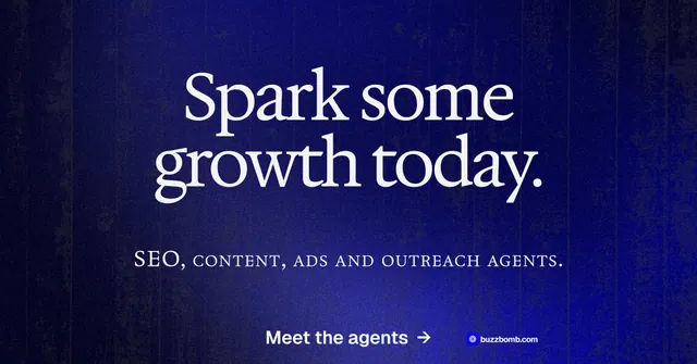 Social ad for BuzzBomb: "Spark some growth today." Agentic glass style, smallcaps layout, dark palette in black, blue.