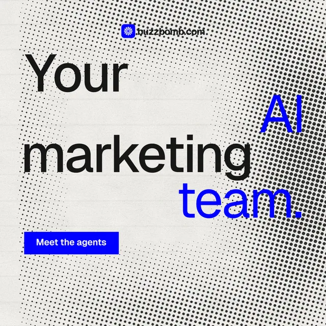Instagram post for BuzzBomb: "Your AI marketing team." Swiss style, stacked layout, light palette in grey, white.
