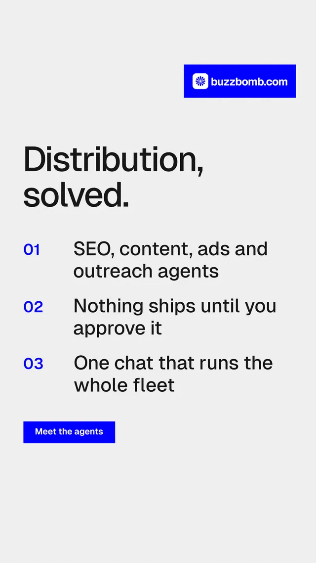 Instagram story for BuzzBomb: "Distribution, solved." Swiss style, numbered layout, light palette in white, blue.