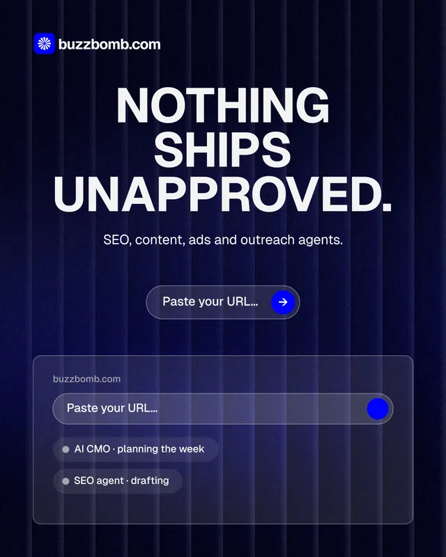 Instagram portrait post for BuzzBomb: "Nothing ships unapproved." Agentic glass style, centred layout, dark palette in black, blue, grey.