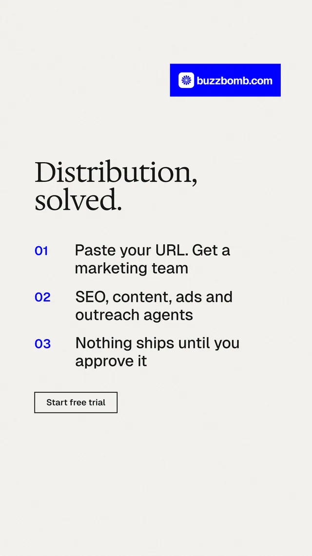 Instagram story for BuzzBomb: "Distribution, solved." Editorial style, numbered layout, light palette in white, blue.