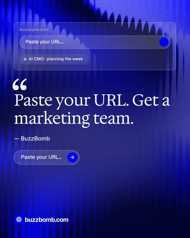 Instagram portrait post for BuzzBomb: "Paste your URL." Agentic glass style, quote layout, dark palette in blue.