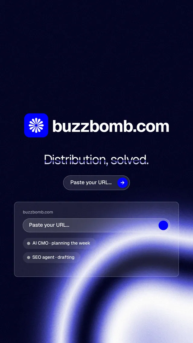 Instagram story for BuzzBomb: "Distribution, solved." Agentic glass style, logo hero layout, dark palette in black, blue.