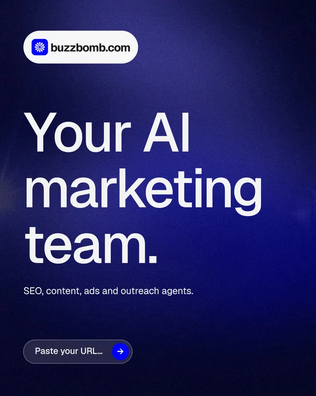 Instagram portrait post for BuzzBomb: "Your AI marketing team." Agentic glass style, announce layout, dark palette in black, blue.
