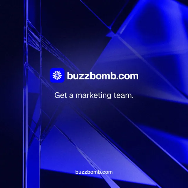 Instagram post for BuzzBomb: "Get a marketing team." Swiss style, end card layout, dark palette in black, blue.