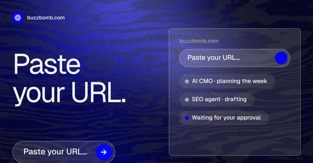 Social ad for BuzzBomb: "Paste your URL." Agentic glass style, bottom layout, dark palette in blue, grey.