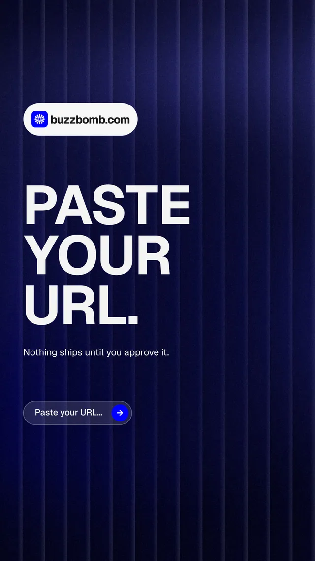 Instagram story for BuzzBomb: "Paste your URL." Agentic glass style, announce layout, dark palette in blue, black, grey.