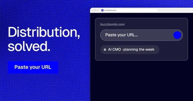 Social ad for BuzzBomb: "Distribution, solved." Swiss style, browser layout, dark palette in blue, black.
