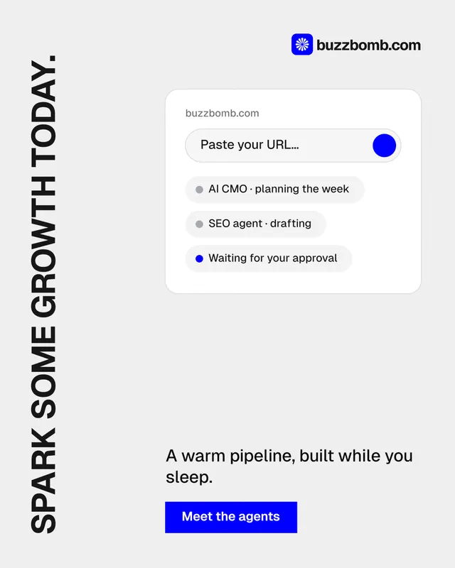 Instagram portrait post for BuzzBomb: "Spark some growth today." Swiss style, vertical layout, light palette in white, blue.