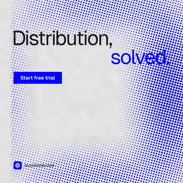 Instagram post for BuzzBomb: "Distribution, solved." Swiss style, stacked layout, light palette in blue, white.