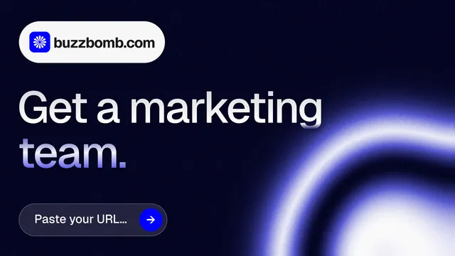 Landscape graphic for BuzzBomb: "Get a marketing team." Agentic glass style, announce layout, dark palette in black, blue.