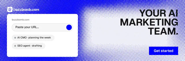 X header for BuzzBomb: "Your AI marketing team." Swiss style, right layout, light palette in blue, white.