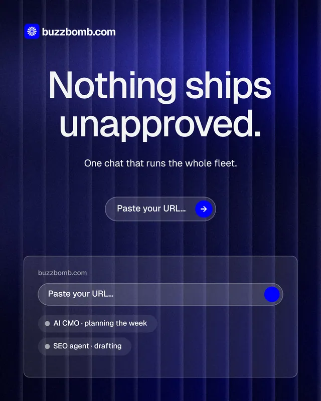 Instagram portrait post for BuzzBomb: "Nothing ships unapproved." Agentic glass style, centred layout, dark palette in blue, black, grey.