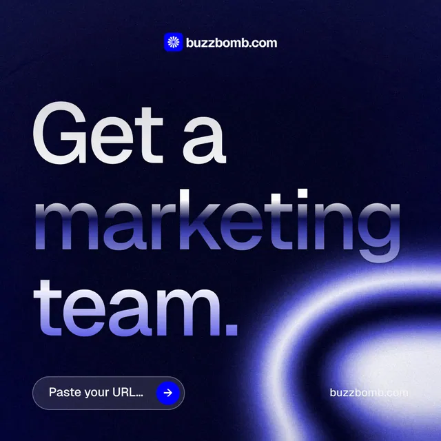 Instagram post for BuzzBomb: "Get a marketing team." Agentic glass style, poster layout, dark palette in black, blue.