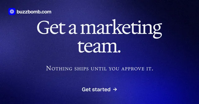 Social ad for BuzzBomb: "Get a marketing team." Swiss style, smallcaps layout, dark palette in blue.