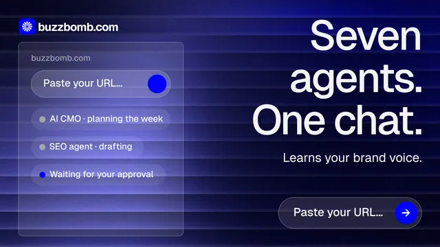 Landscape graphic for BuzzBomb: "Seven agents. One chat." Agentic glass style, right layout, dark palette in black, blue.