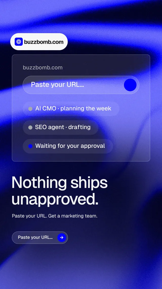 Instagram story for BuzzBomb: "Nothing ships unapproved." Agentic glass style, bottom layout, dark palette in blue.