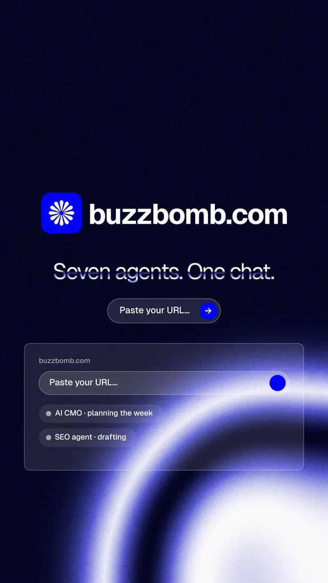 Instagram story for BuzzBomb: "Seven agents. One chat." Agentic glass style, logo hero layout, dark palette in black, blue.