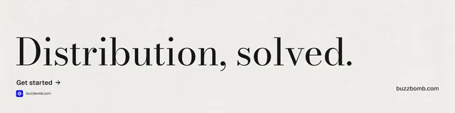 LinkedIn banner for BuzzBomb: "Distribution, solved." Minimal luxury style, poster layout, light palette in white.