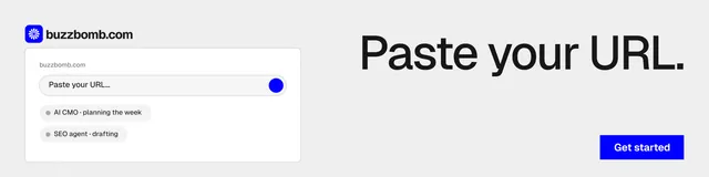 LinkedIn banner for BuzzBomb: "Paste your URL." Swiss style, right layout, light palette in white.