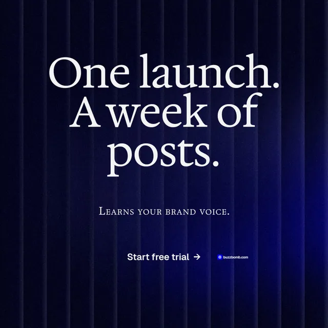 Instagram post for BuzzBomb: "One launch. A week of posts." Agentic glass style, smallcaps layout, dark palette in black, blue, grey.