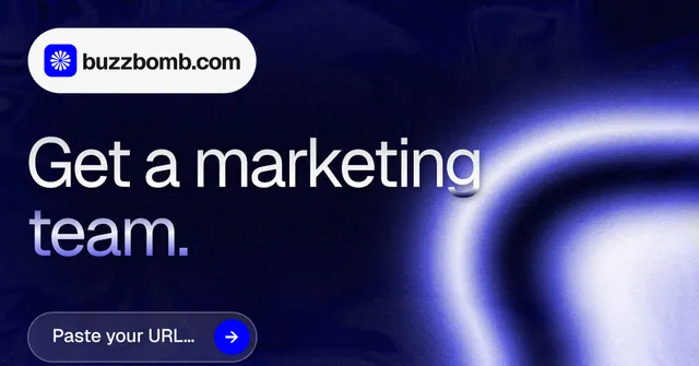 Social ad for BuzzBomb: "Get a marketing team." Agentic glass style, announce layout, dark palette in blue, black.