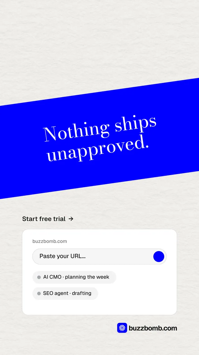 Instagram story for BuzzBomb: "Nothing ships unapproved." Minimal luxury style, diagonal layout, light palette in white, blue.