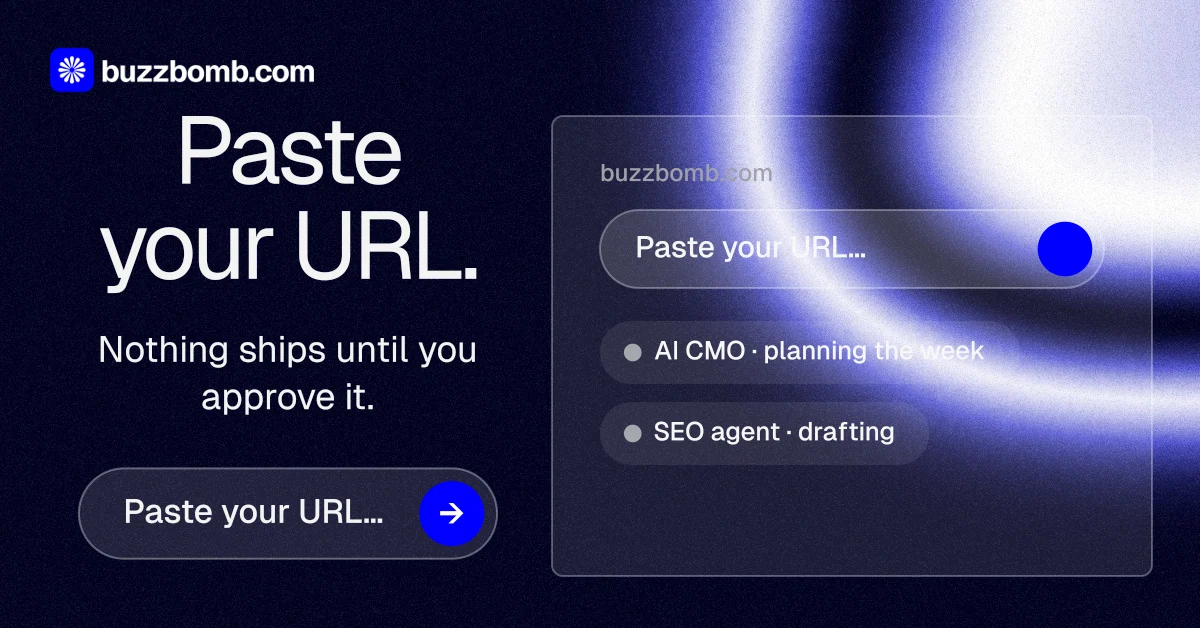 Social ad for BuzzBomb: "Paste your URL." Agentic glass style, skeleton layout, dark palette in black, blue.