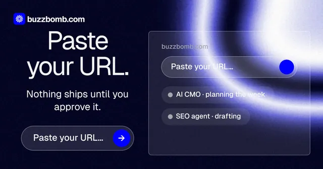 Social ad for BuzzBomb: "Paste your URL." Agentic glass style, skeleton layout, dark palette in black, blue.