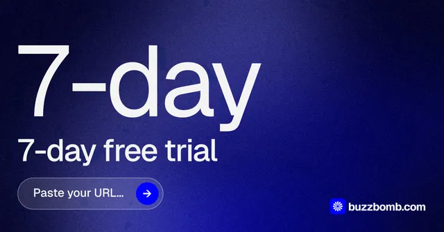 Social ad for BuzzBomb: "Paste your URL." Agentic glass style, stat layout, dark palette in blue.