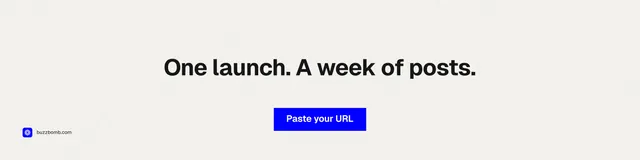 LinkedIn banner for BuzzBomb: "One launch. A week of posts." Swiss style, centred layout, light palette in white.