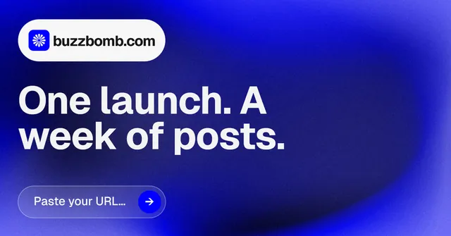 Social ad for BuzzBomb: "One launch. A week of posts." Agentic glass style, announce layout, dark palette in blue.