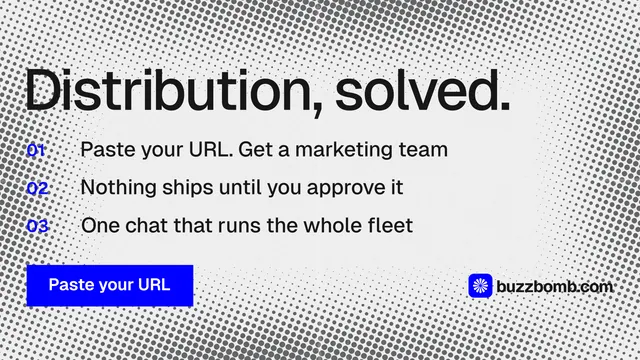 Landscape graphic for BuzzBomb: "Distribution, solved." Swiss style, numbered layout, light palette in grey, white.