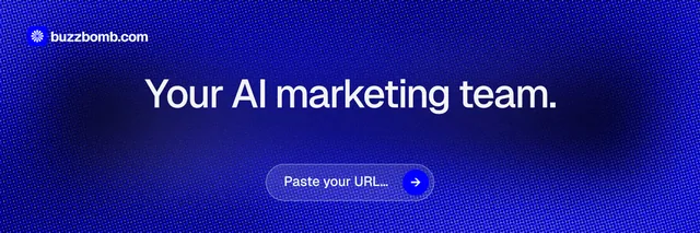 X header for BuzzBomb: "Your AI marketing team." Agentic glass style, centred layout, dark palette in blue.
