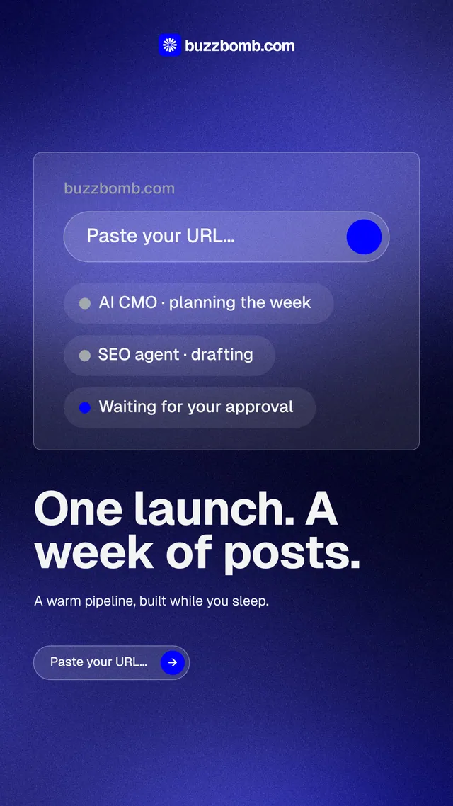 Instagram story for BuzzBomb: "One launch. A week of posts." Agentic glass style, bottom layout, dark palette in blue.