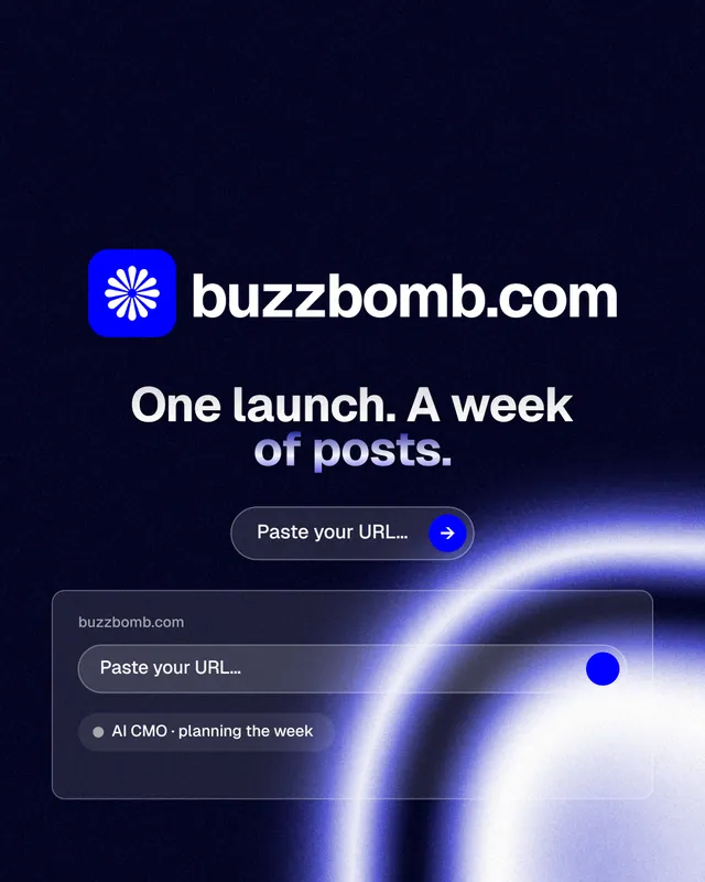 Instagram portrait post for BuzzBomb: "One launch. A week of posts." Agentic glass style, logo hero layout, dark palette in black, blue.