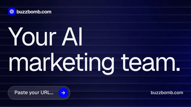 Landscape graphic for BuzzBomb: "Your AI marketing team." Agentic glass style, poster layout, dark palette in blue, black, grey.