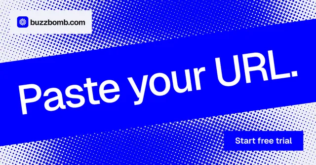 Social ad for BuzzBomb: "Paste your URL." Swiss style, diagonal layout, dark palette in blue.