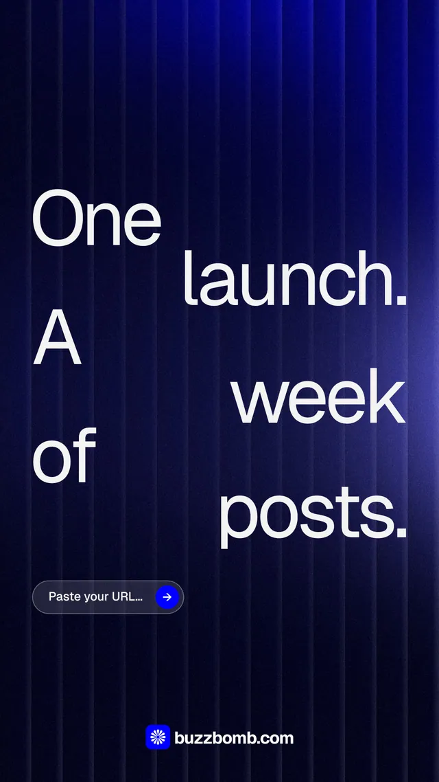 Instagram story for BuzzBomb: "One launch. A week of posts." Agentic glass style, stacked layout, dark palette in black, blue, grey.